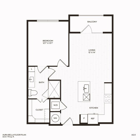 Floor plan for 1 bed, 1 bath, 714 sqft